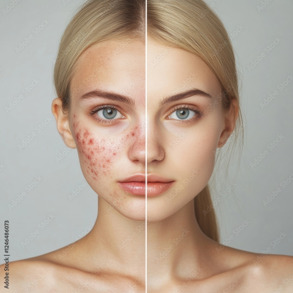 Poster split face comparison highlighting acne and redness on one side and smooth glowing skin on the other