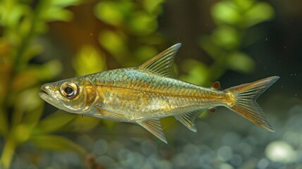 Fototapeta premium A shimmering fish swimming gracefully in a vibrant aquarium surrounded by lush aquatic plants