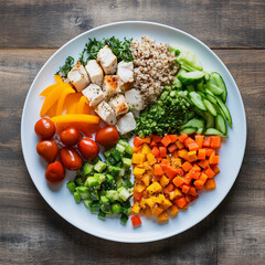 Colorful Harvard principle plate with chicken protein, buckwheat, fermented and fresh vegetables, arugula and avocado. Perfectly balanced meal for healthy eating and diet.
