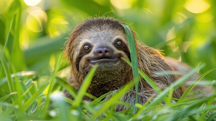 Fototapeta premium Close-up of a smiling sloth nestled in lush green grass, surrounded by a vibrant tropical environment