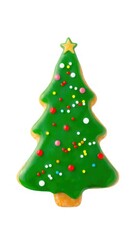 Obraz premium Christmas tree-shaped cookie decorated with green icing and colorful sprinkles, perfect for holiday celebrations. Isolated on white background.