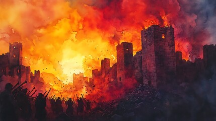 Naklejka premium The crumbling walls of Jericho under a fiery sunset, a dramatic watercolor scene with trumpeting Israelites in the foreground, debris filling the air,