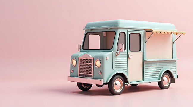 A vintage ice cream truck stands against a soft pink background, showcasing a cheerful and nostalgic vibe perfect for summer treats and playful memories