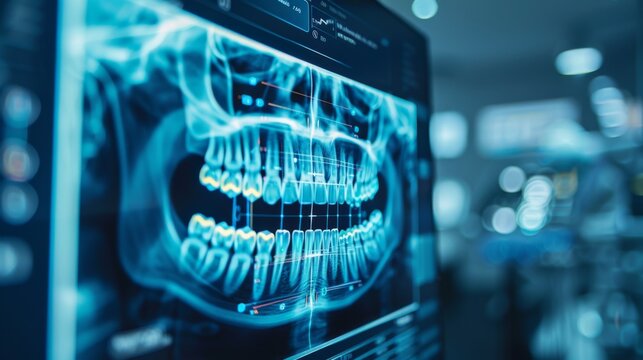 A dental x ray reveals the alignment and condition of teeth and jaw, taken in a contemporary clinic. The image aids in diagnosing oral health during a patient check up.