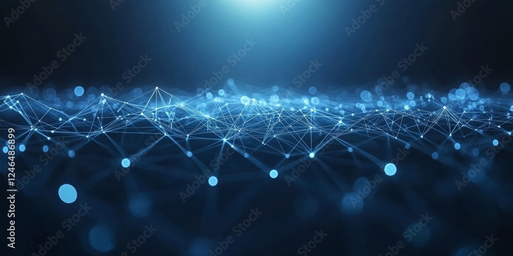 Poster blue abstract network connection with glowing dots, lines and bokeh effect on dark background