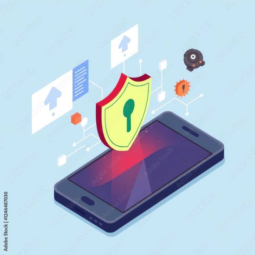Poster cyber security threats on smartphone. system vulnerability warning. mobile phone hacking. cybercrime