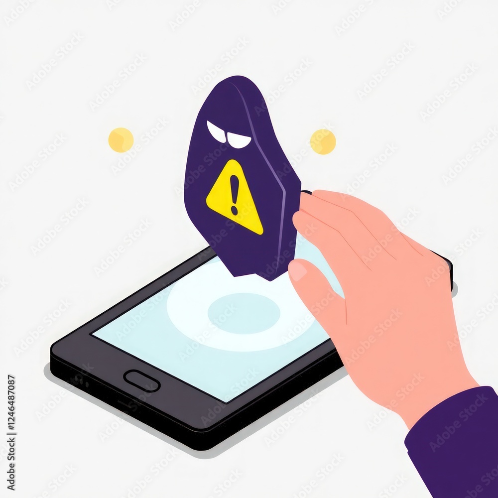 Poster cyber security threats on smartphone. system vulnerability warning. mobile phone hacking. cybercrime