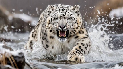 Obraz premium Snow leopard charging through a river, splashing water, with a blurred forest backdrop