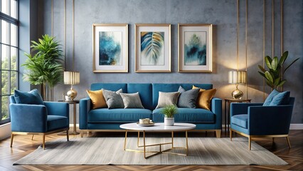 A bright living room boasts a blue sofa, gold side tables, and striking artwork.