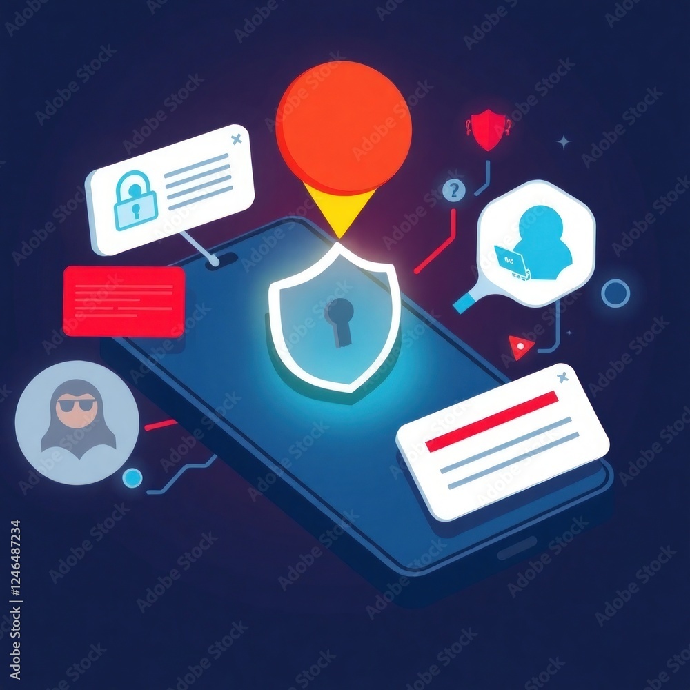 Poster cyber security threats on smartphone. system vulnerability warning. mobile phone hacking. cybercrime
