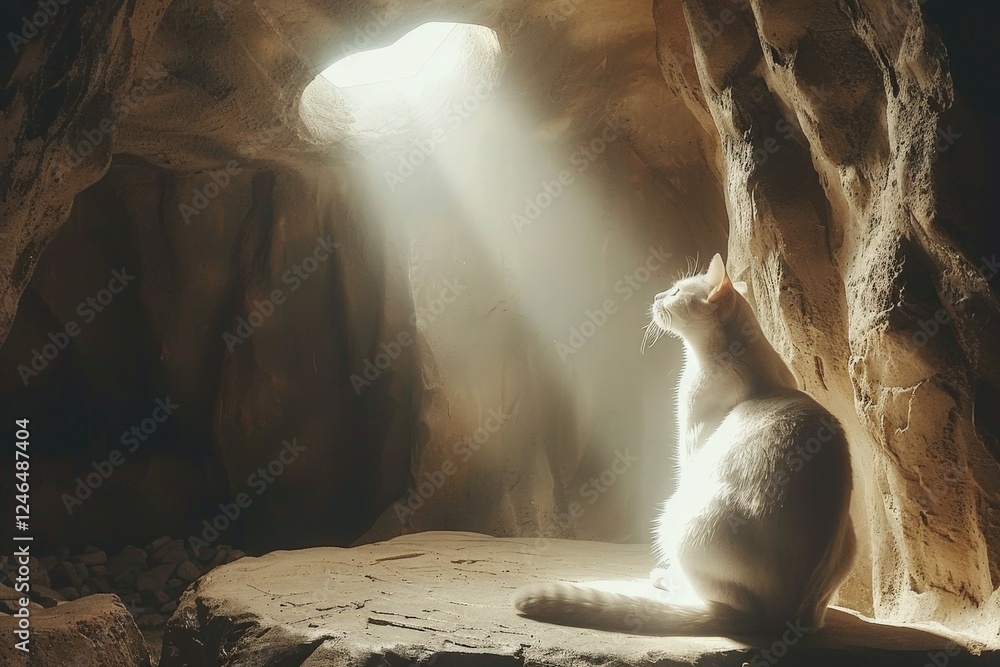 Poster a serene cat sits in a cave, illuminated by a beam of light from above, creating a peaceful and cont