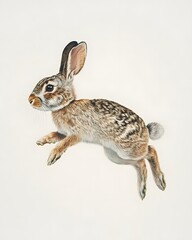 Obraz premium A brown rabbit gracefully leaps through the air against a soft, neutral background, showcasing its agility
