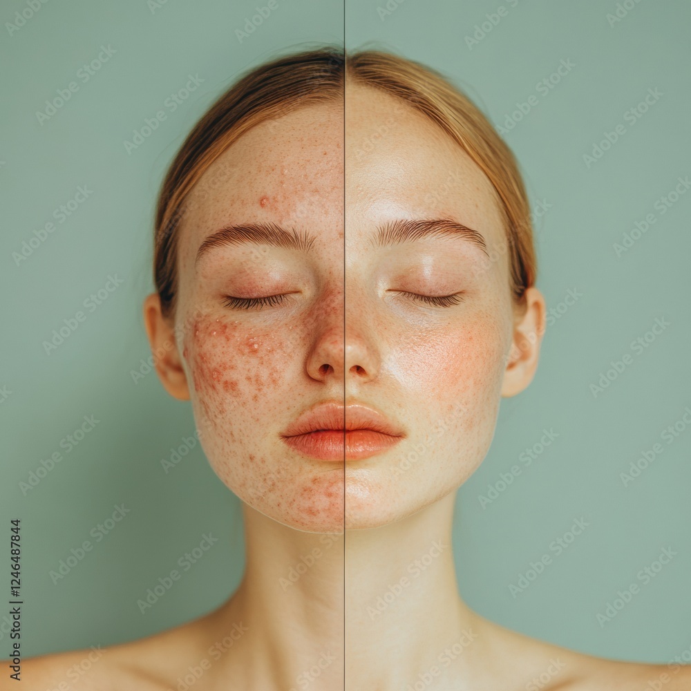 Leinwandbilder Split face comparison showcasing contrasting skin textures and health with space for insightful text. Generative AI