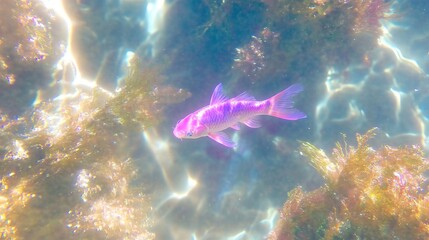 Obraz premium Underwater Pink Fish in Sunlit Seaweed Habitat