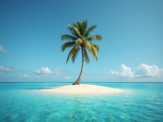 Fototapeta premium A solitary palm tree stands on a small sandy island surrounded by clear turquoise waters and a clear blue sky, evoking a sense of tranquility and escape