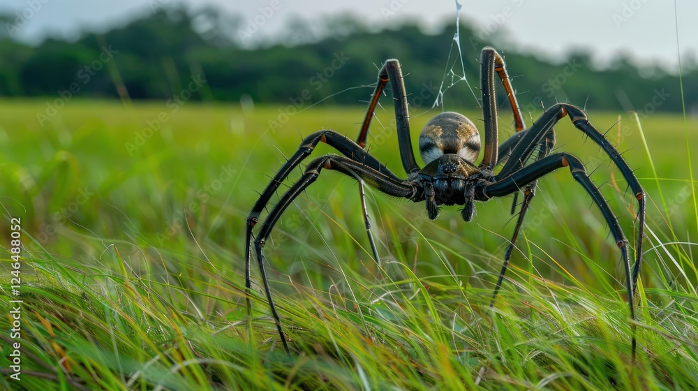 Poster close-up of a large spider weaving a web in a lush green field during daylight
