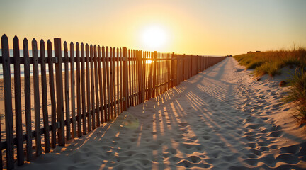 Obraz premium A serene sunset casts warm hues over a sandy beach, with shadows from a wooden fence stretching along the path, inviting tranquility and reflection