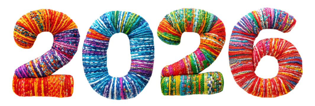 Handcrafted textile numbers 2026 with vibrant colors, isolated on transparent cutout background