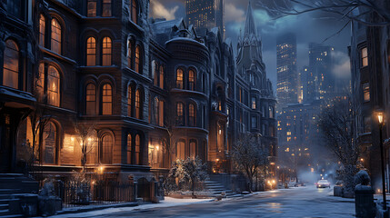 Fototapeta premium A historic brownstone building in the heart of a bustling city (1)