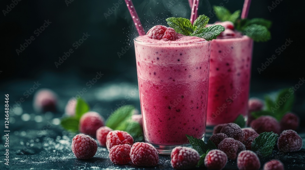 Poster glass of raspberry smoothie with a straw on a wooden table with fresh raspberries and mint