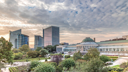 Fototapeta premium Aerial timelapse of Le Botanique and its orangery at sunset in Brussels, Belgium