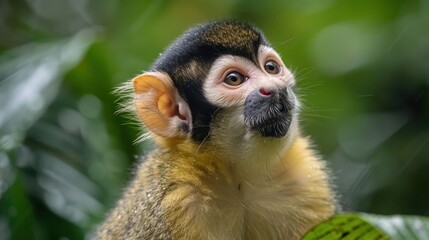 Obraz premium Close-up of a curious monkey in a lush green rainforest, surrounded by vibrant foliage