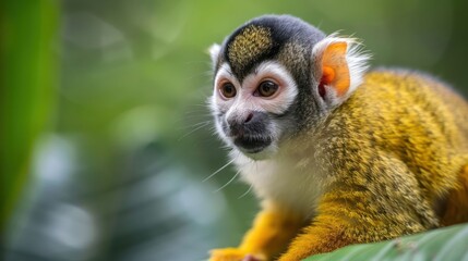 Obraz premium Close-up of a vibrant monkey perched on a branch, surrounded by lush green foliage in a tropical setting