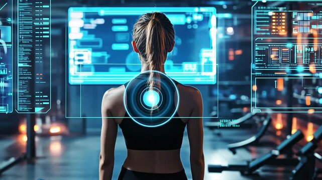 Future of Fitness: A woman in sportswear stands confidently against a backdrop of futuristic gym technology.