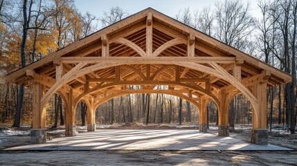 Wooden pavilion in autumn forest.