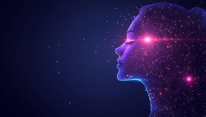 Abstract Female Face, Interconnected Particles, Data Flow, Blue and Purple Lights, Dark Background