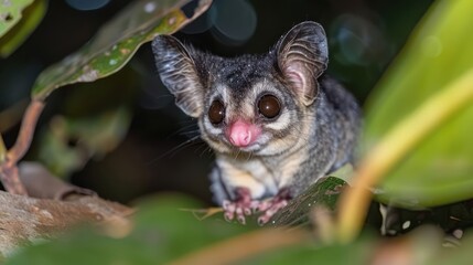 Obraz premium Close-up of a curious marsupial perched among lush green leaves in a vibrant rainforest setting