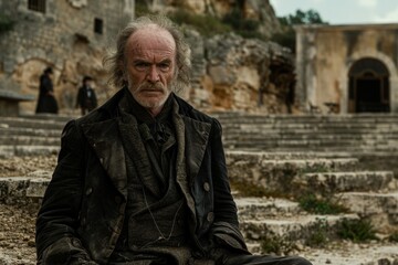 An older man sits on stone steps in a desolate setting, wearing dark clothing, with a serious expression, surrounded by ruins and a hint of mystery.