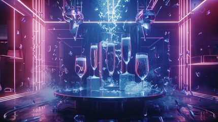 Popping champagne visualized with a futuristic and innovative presentation, highly detailed