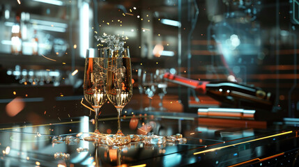 Popping champagne visualized with a futuristic and innovative presentation, highly detailed
