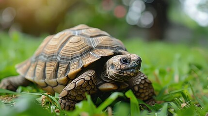 Naklejka premium Close-up of a tortoise on green grass with blurred natural background in sunny weather
