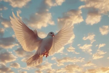 Fototapeta premium pure white dove in dynamic flight pose against cloud-scattered sky, wings spread majestically capturing morning light
