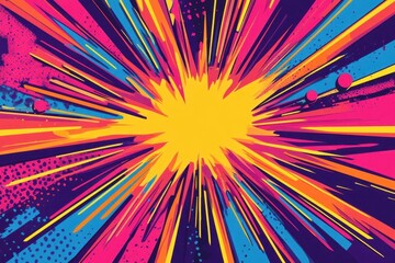 Fototapeta premium psychedelic mandala explosion in vibrant neons, geometric patterns swirling outward, retro anime influence, bold line art with halftone shadows