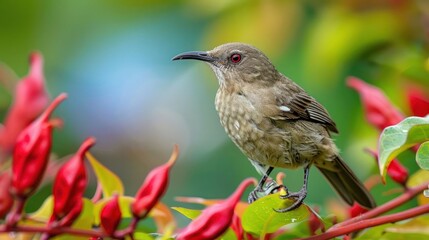 Fototapeta premium A small bird perched on vibrant red flowers in a lush garden, showcasing nature's beauty