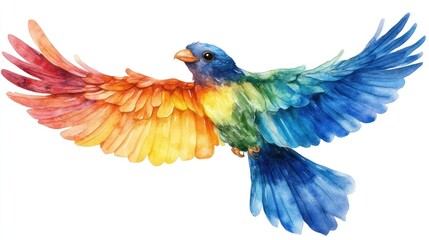 Fototapeta premium Watercolor rainbow bird in flight.