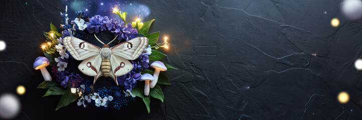 Enchanting Moon Moth with Purple Flowers Mushrooms Fantasy Nature Composition