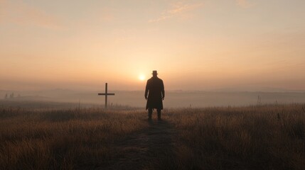 Man silhouetted at sunrise, field, cross, misty background, reflection, faith