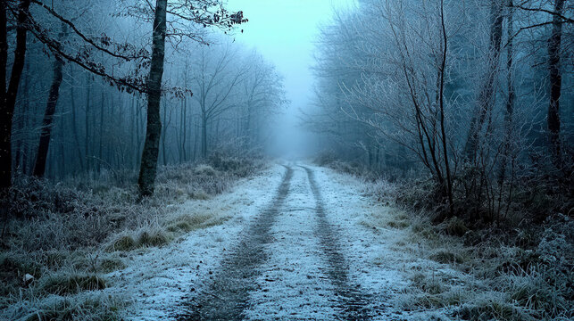 Frosty Morning Path in a Chilly Forest Surrounded by Frost-Covered Trees and Ground - Powered by Adobe