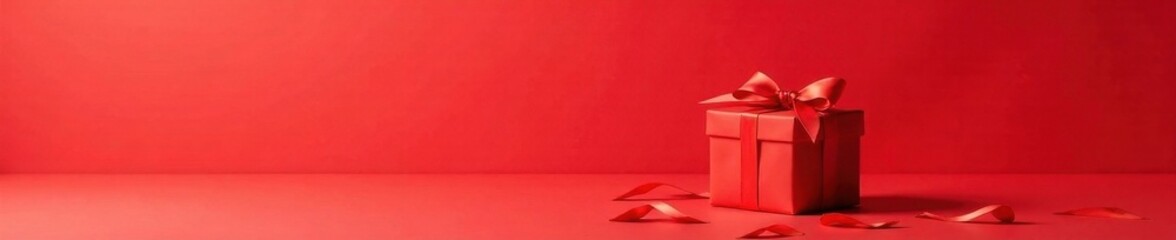 The red gift box placed on a plain red surface with a few scattered red wrapping paper fragments nearby, red gift box, minimalism, red hue