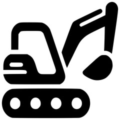 Excavator Icon: A bold, black and white vector icon of a compact excavator, perfect for construction, engineering, and industrial design projects.
