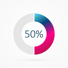 50 percent circle pie chart, isolated symbol. Vector gradient element. Infographic sign. Illustration, icon for business, finance, report, web design, downloading