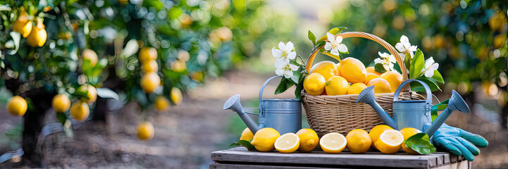 Freshly Harvested Lemons in Basket with Watering Cans and Blossoms in Lemon Orchard