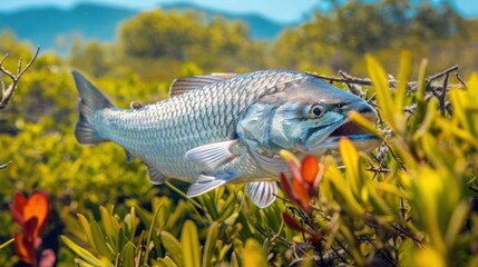 A vibrant fish swimming among lush mangrove vegetation in a serene coastal environment