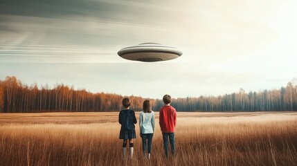 Children Watching UFO Over Autumn Landscape in Expansive Field