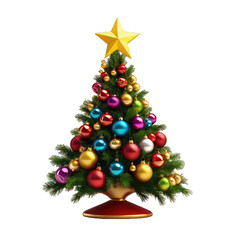 christmas tree and decorations, 3D cartoon-style Christmas tree adorned with colorful ornaments and topped with a bright yellow star  Isolated on transparent white background