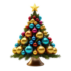 decorated christmas tree, 3D cartoon-style Christmas tree adorned with colorful ornaments and topped with a bright yellow star  Isolated on transparent white background